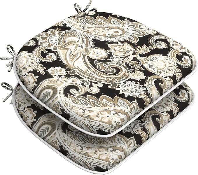 DYTXIII Set of 2 Outdoor Chair Cushions with Ties,Water Repellent Patio Chair Pads 17"x 16" for Outdoor Furniture,Round Corner Seat Cushions for Garden Yard Kitchen Paisley Black