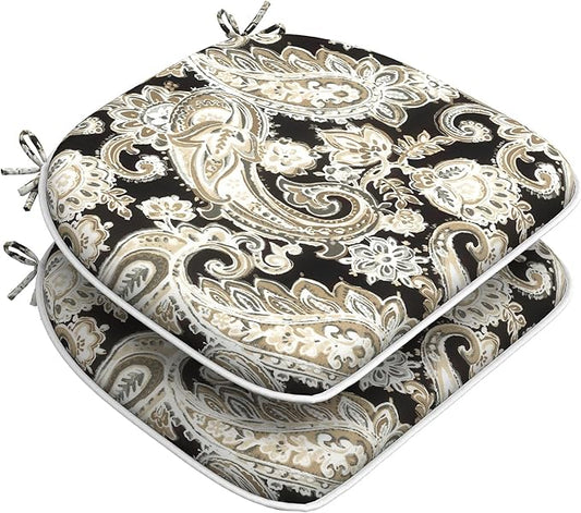 DYTXIII Set of 2 Outdoor Chair Cushions with Ties,Water Repellent Patio Chair Pads 17"x 16" for Outdoor Furniture,Round Corner Seat Cushions for Garden Yard Kitchen Paisley Black