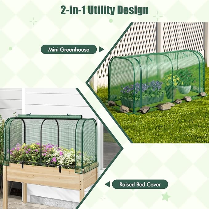 Happygrill Raised Garden Bed with Greenhouse Cover, Raised Bed with Legs & Drainage Holes for Herbs, Vegetables, Outdoor Wood Elevated Planter Box for Patio, Backyard, Balcony (Green+Grey)