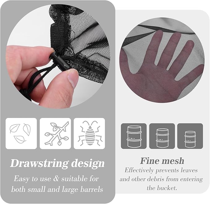 2 Pcs Mesh Cover for Rain Barrel Water Collection Buckets Netting with Drawstring Fine Mesh Water Barrel Cover Black Reusable Rain Bucket Filter Screen for Outdoor Garden Preventing Fallen Leaves 39"