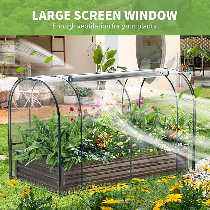 DoCred Galvanized Raised Garden Bed with PVC Cover, 72.8" x 37.4" x 47.2" Metal Planter Bottomless Box w/ Roll-Up Window, Mini Greenhouse Tent for Outdoor Growing Vegetables Flower Fruit