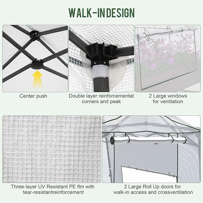 11 x 8.5 ft Pop-up Greenhouse, Walk-in Garden Green House, 4-Sided Ventilation, Heavy Duty Steel Frame, Weather-Resistant PE Cover for Indoor Outdoor with Zippered Doors