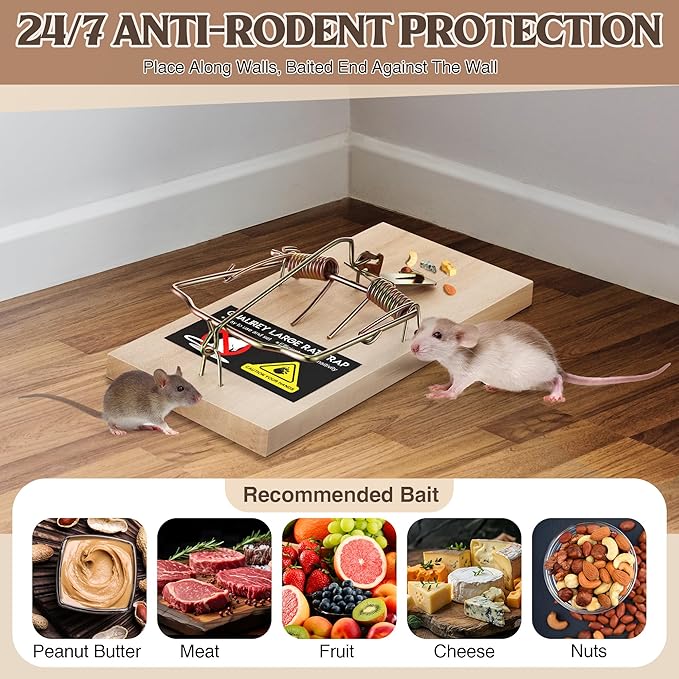 12 Pack Large Wooden Mouse Traps, Heavy Duty Rat Snap Traps with Metal Pedal, Sturdy Reusable Mousetraps for Fast Capture of Large Rats & Rodents, Safe for Indoor & Outdoor Use