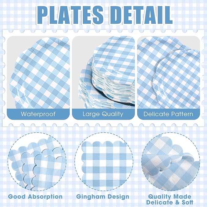 Funnymoom 400 Pcs Gingham Party Supplies for 50 Guests Light Blue and White Paper Plates and Napkins Knives Spoon Fork Cup Disposable Checkered Dinner Party Set Cutlery for Baby Shower Wedding Favor