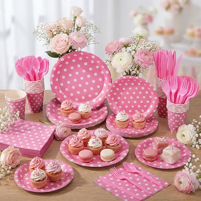 Funnymoom 400 Pcs Pink Polka Dot Party Supplies for 50 Guests White Polka Dot Paper Plates and Napkins Knives Spoon Fork Cup Set Cutlery for Birthday Wedding Bridal Shower Pink Girl