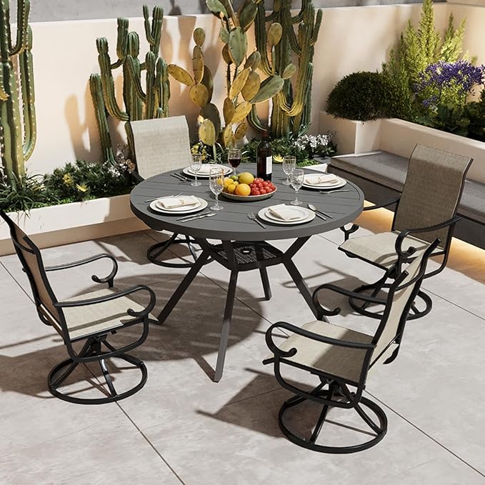42" Outdoor Patio Table Dining Table, All Weather Metal Round Patio Table with Adjustable Umbrella Hole, Patio Furniture for Lawn Garden Backyard, Black