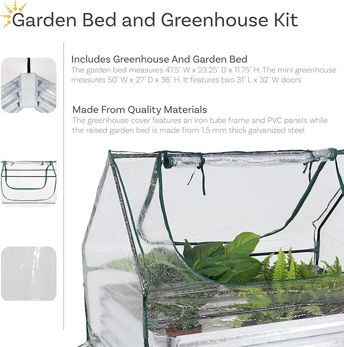 Sunnydaze Steel Raised Garden Bed with Mini Greenhouse - Outdoor Greenhouse Kit - 2 Zippered Doors - Clear - 4' x 2'
