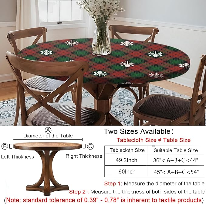 Fitted Christmas Round Tablecloth Waterproof Table Cloth Vinyl Indoor Outdoor Circle Cover for 36-44" Table Dining Living Room Kitchen Western Home Party Decor Gift Festival Family Essential