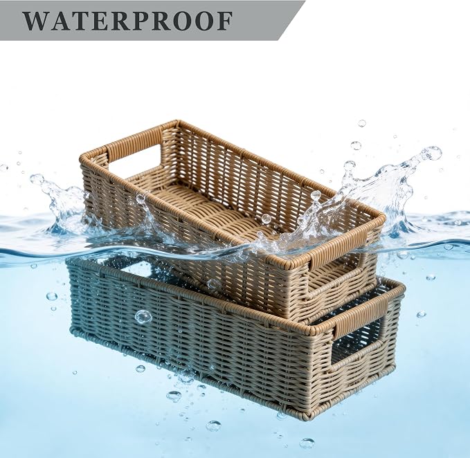Waterproof Rectangular Toilet Paper Baskets, 16 ¼"L x 6 ¾"W x 4 ½"H Nesting Plastic Wicker Basket, Woven Long Narrow Baskets for Pantry Bathroom Toilet Tank Top Countertop, 2 Pack