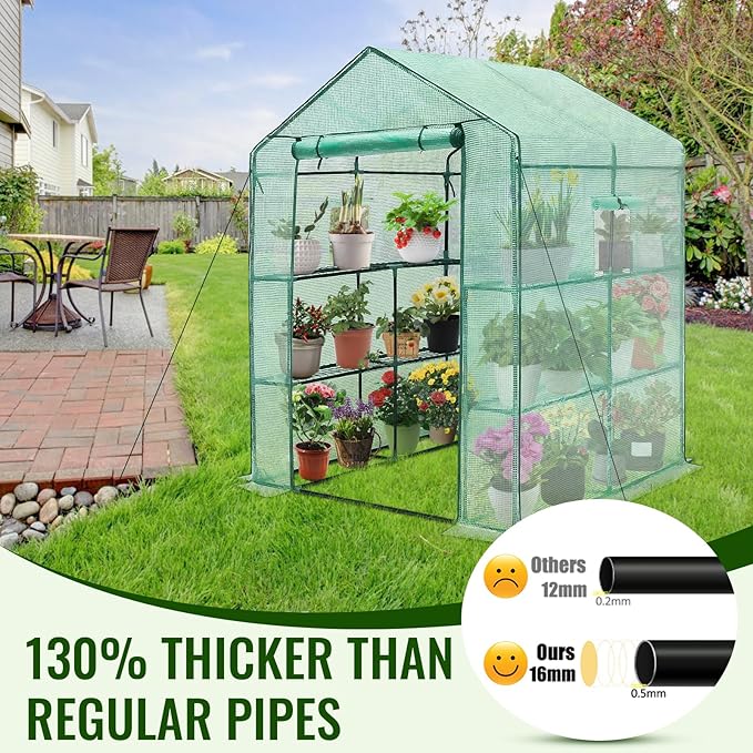 Greengro Greenhouse, 57 x 57 x 76'' Greenhouses for Outdoors, Durable Green House Kit with Window, Thicken PE Cover, 3 Tiers 8 Shelves, Heavy Duty Walk in Green Houses for Indoor Backyard Outside