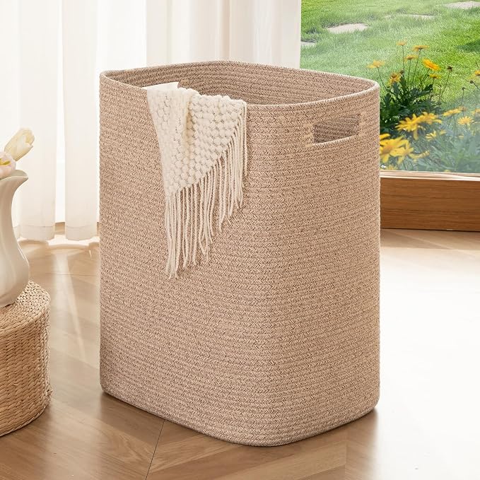 OIAHOMY Laundry Hamper, Rectangle Cotton Laundry Basket with Handles, Large Blanket Basket for Living room, Woven Decorative Storage for Toys,Clothes,Pillows-16x13x22in-Brown variegated | 16x13x22in Woven Clothes Hamper with Handles, Large Blanket Bask...