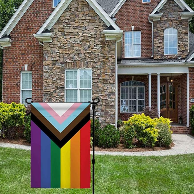 Progress Pride Rainbow Garden Flag 12.5x18 inch Outdoor-Double Sided LGBTQ Gay Lesbian Bisexual Non Binary Transgender All Inlcusive Progressive Pride Rainbow Flag Vivid Color Polyester Yard Flags