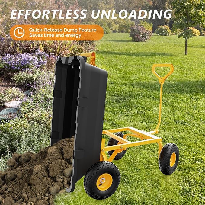 VINGLI Heavy Duty Dump Cart Wagon, 800LBS Quick-Release Dump Poly Wheelbarrow, 10in All-Terrain Pneumatic Tires Garden Wagon for Garden, Yard, Beach