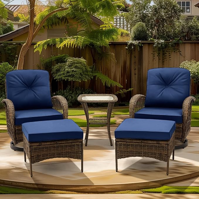 MELLCOM 5 Pieces Patio Furniture Set, Outdoor Swivel Rocker Patio Chairs with Ottomans, Wicker Conversation Set with Rocking Chairs and Glass Coffee Table for Backyard, Navy Blue