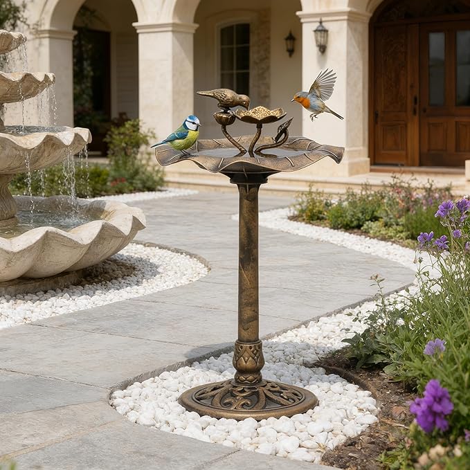 Magshion 35" Outdoor Bird Bath and Feeder for Outside, Pedestal Birdbath with Vintage Lotus Design, Durable Polypropylene Construction, Stunning Garden Accent for Lawn, Backyard & Patio, Bronze