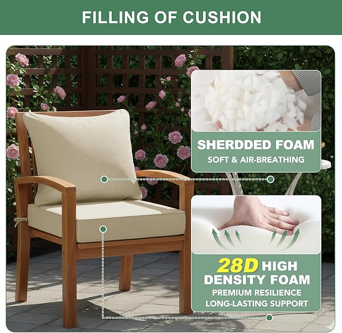 Summsun Patio Chair Cushions Set of 4, Faux Linen Outdoor Furniture Cushions, Water Resistant Backrest and Deep Seat Cushion Set with Ties, Removable Cover, Non-Slip Bottom, 24 x 24 Inch, Beige