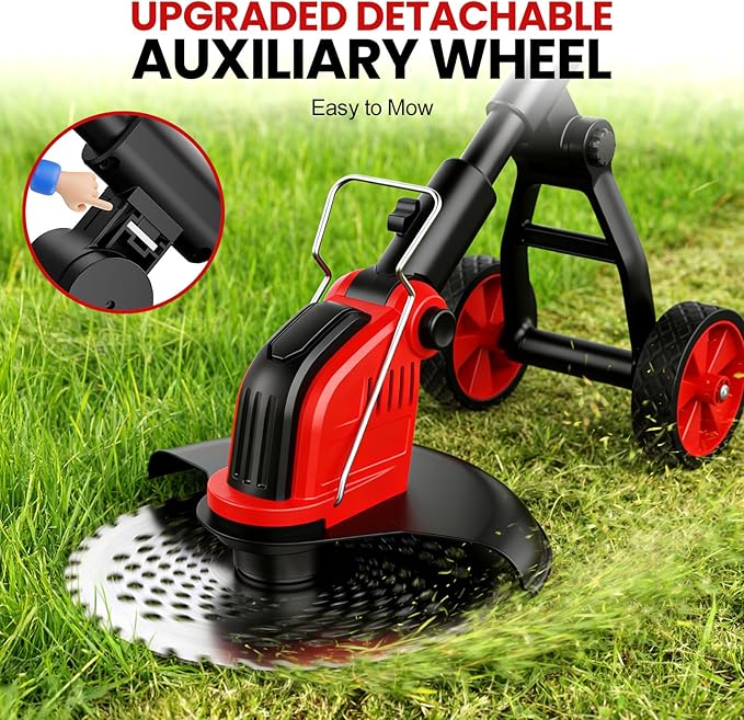 12-Inch Cordless Electric Weed Wacker, 2x3.0Ah 21V Battery Powered Weed Eater with Wheels, 800W Brushless Motor, Lawn Mower with 4 Types Blades, 20000RPM Brush Cutter Grass Trimmer for Garden Yard