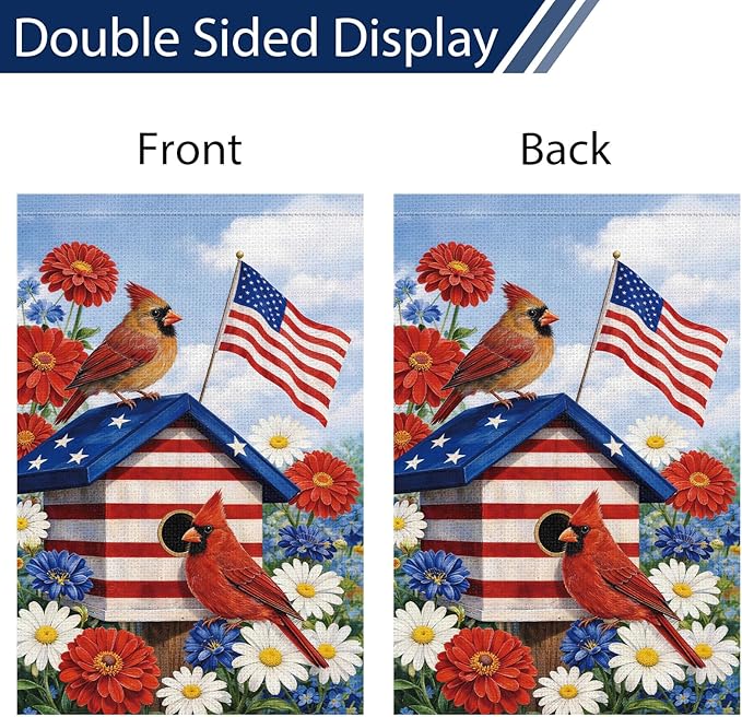 Heyfibro 4th of July Cardinals Patriotic Garden Flag 12x18 Double Sided Burlap, Birdhouse Red White & Blue Daisy Floral Yard Banner for Rustic Independence Day Outdoor Decor (ONLY FLAG)