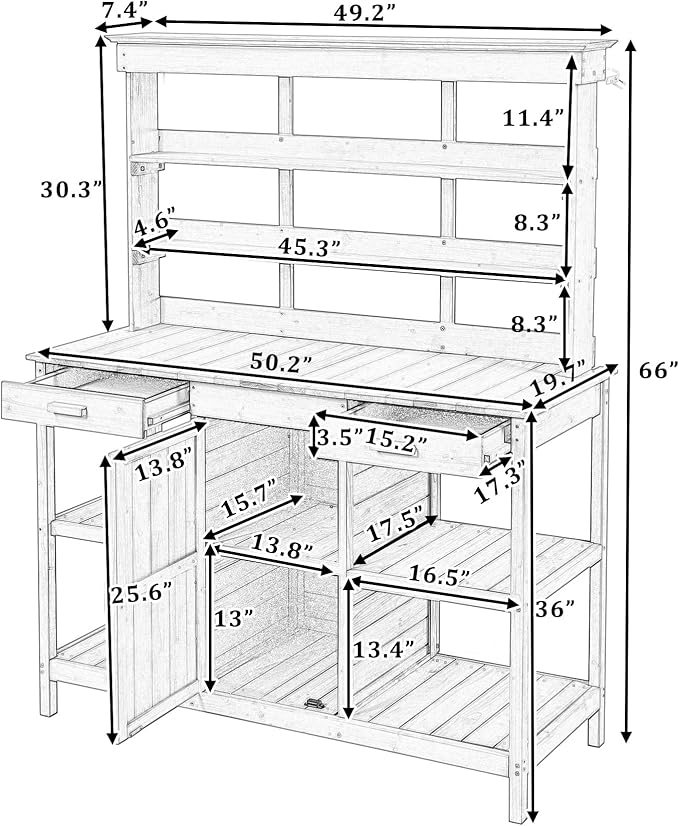 66" Large Outdoor Farmhouse Wooden Potting Bench Table, Garden Workstation with 2 Drawers, Cabinet and Open Shelves for Backyard, Mudroom (Brown-11)