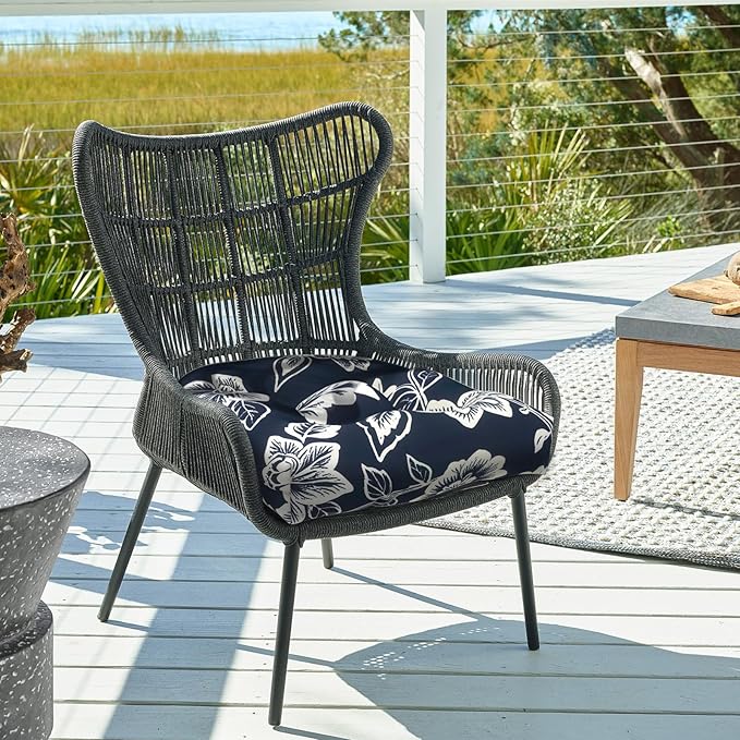 DYTXIII Set of 2 Outdoor Chair Cushions 19"x19"x4", Water Repellent Tufted Patio Seat Cushions with Ties, Thick Replacement Pads for Wicker Dining Chairs, Patio Furniture, Vines Navy