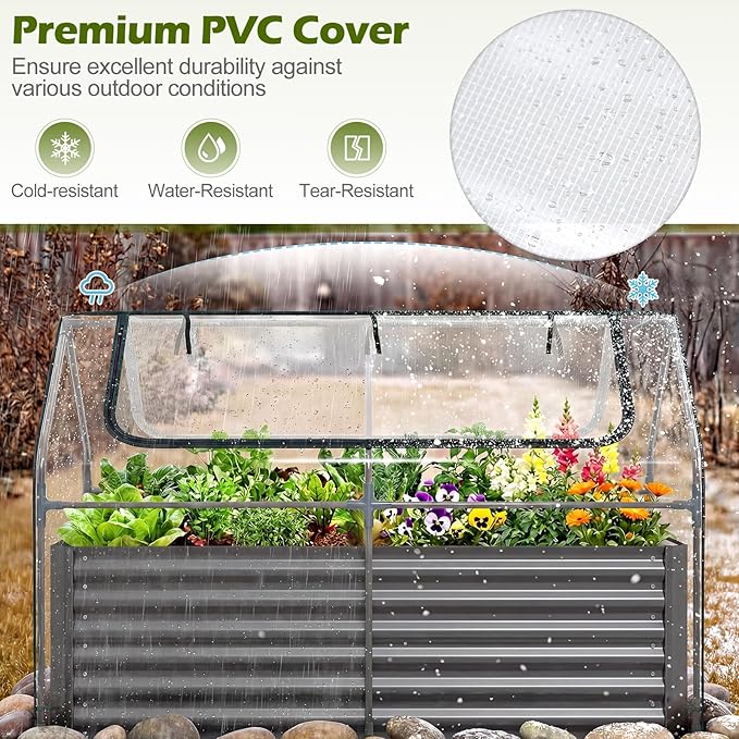 S AFSTAR 3-in-1 Raised Garden Bed with Greenhouse Cover, 6FT x 3FT x 4FT Galvanized Bottomless Planter Box Kit with Dual Roll-Up Screen Windows, Outdoor Mini Greenhouse for Vegetables (Black & Clear)