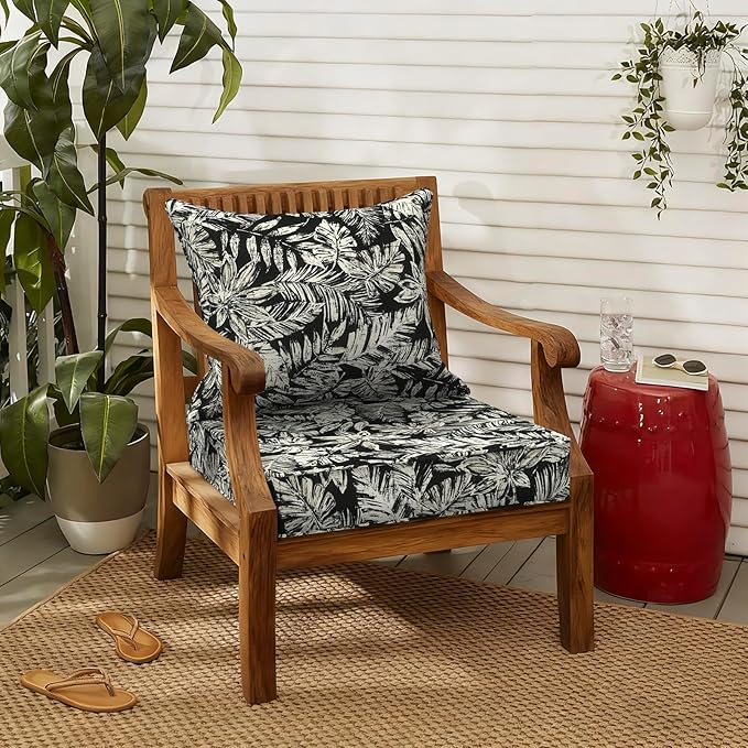LVTXIII Outdoor Deep Seat Cushion Patio Seat and Back Cushion Set Seasonal Chair Cushion with Removable Cover and Adjustable Buckle for Home and Garden, 22"x22"x4", Tropical Leaf Black