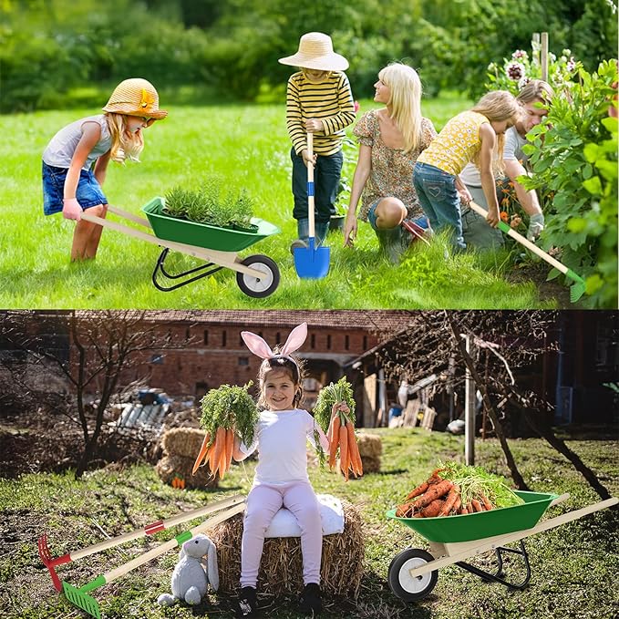 Qtioucp Kids Wheelbarrow Set with Gardening Tools Outdoor Backyard Garden Play for Toddlers Boys Girls 3-8, with Shovel, Rake, Leaf Rake, Easter Birthday Gifts (Green Garden Set)