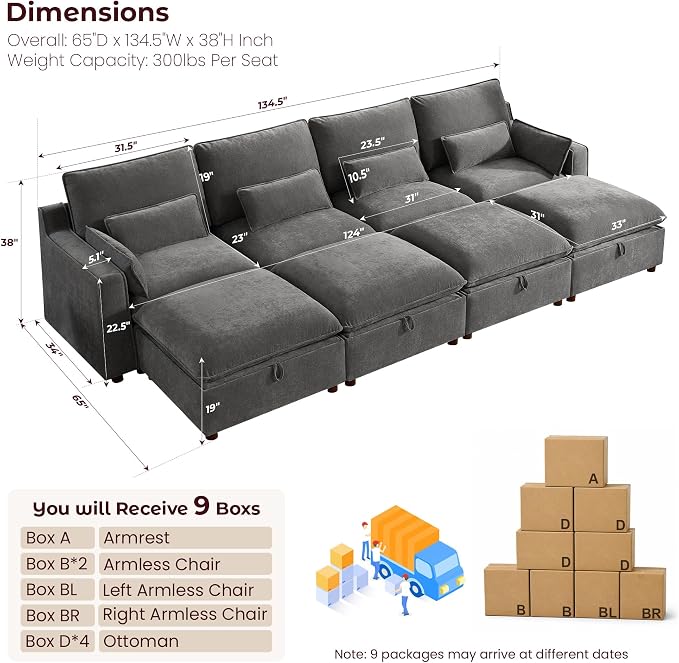 WorthFurni Modern Modular Sectional Sofa,134" Sleeper Sofa Bed Sectional Cloud Couch with Storage Ottoman,Comfty Sofa for Living Room,Grey Chenille