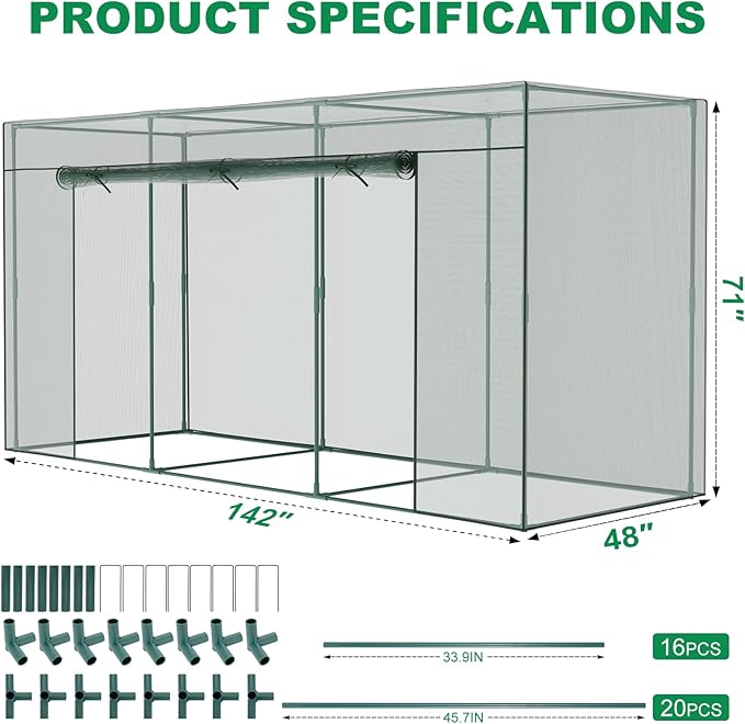 Crop Cages for Garden Plant, 11.8x4x6 Ft Plant Protection Tent with Zippered Door, Raised Bed Cover, Garden Bed Cover with Frame, Wind-Resistant Plant Cages for Outdoor Plants Vegetable Flower