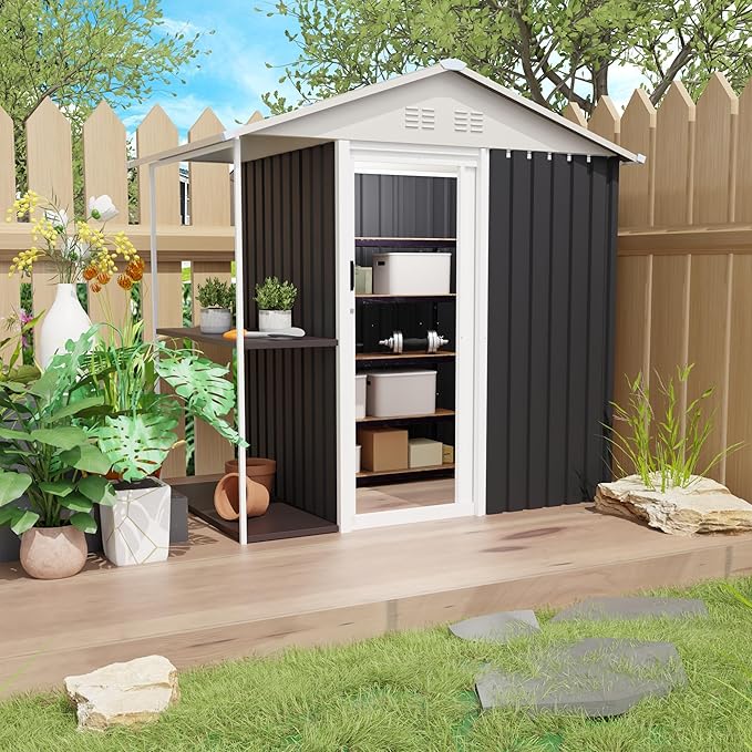 6'x4' Outdoor Storage Shed with External Rack AMD Shelves, Heavy Duty Metal 2-in-1 Garden Tool Buliding Shed with 1.3'x3.7' Open Side Storage Area for Bike, Lawn, Patio, Backyard