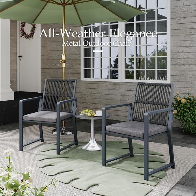 Outdoor Patio Wicker Rattan Dining Chairs, Heavy-Duty Wrought Iron Frame Supports 300lbs, Ergonomic Backrest, Detachable Breathable Cushion, for Garden & Porch, Dark Gray, Set of 8