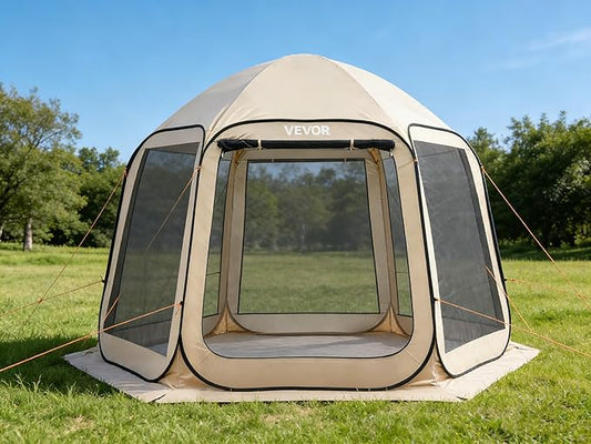 Pop Up Screen House Tent VEVOR 10 x 9.2 FT Pop-Up Screen Room with Awning, Portable Screen Tent Gazebo for 4–8 Person, Instant Screen Canopy with Carry Bag for Patio Backyard Camping