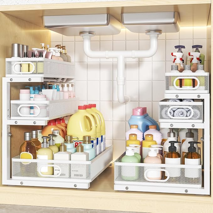 3-Tier Under Sink Organizer, Slide Out Drawer Rack, White, 2 Pack | for Bathroom, Kitchen, Pantry, Laundry & Home Organization and Storage