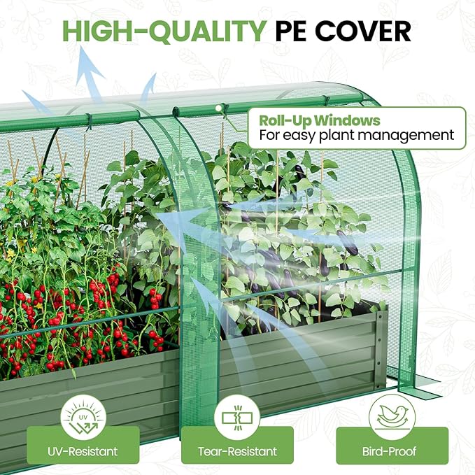 SPECILITE Raised Garden Bed with Mini Greenhouse, Galvanized Metal Planter Box Kit with PE Cover, 2 Roll-Up Doors for Ventilation, Gardening Set for Outdoor Growing Vegetables, Herbs, Fruit & Flowers