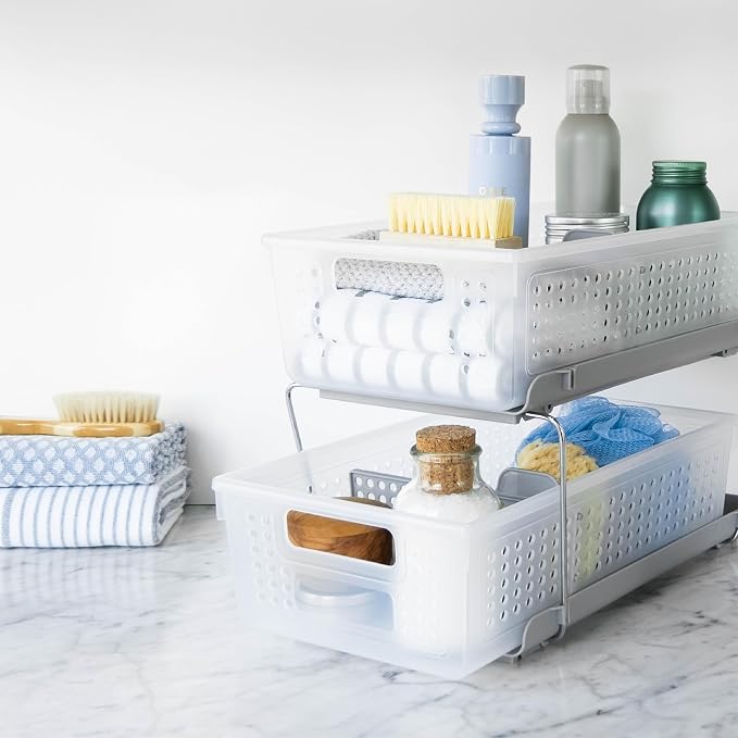 madesmart Two Tier Organizer with Dividers, Frost | pull out bins, tiered access, cleaning supplies, under sink use, pantry bottles, woman owned