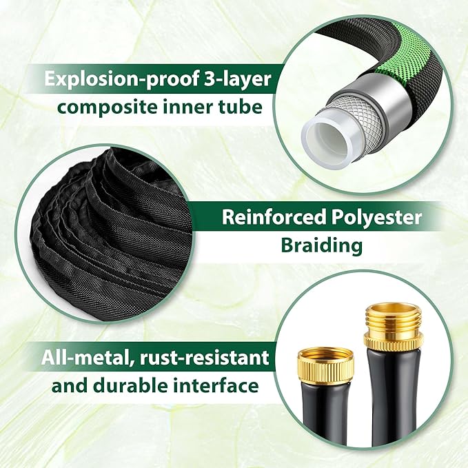 Aterr Garden Hose 50ft, Lightweight Flexible Water Hose with 10 Pattern Nozzle, Durable Hose, Solid Aluminum Connectors, Leak-Resistant for Yard Lawn Car Washing, (Green)