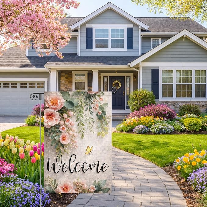 Heyfibro Spring Welcome Garden Flag 12x18 Inch Double Sided Butterfly Peony Eucalyptus Garden Flag Small Yard Flags for Outside House Farmhouse Seasonal Spring Outdoor Decorations