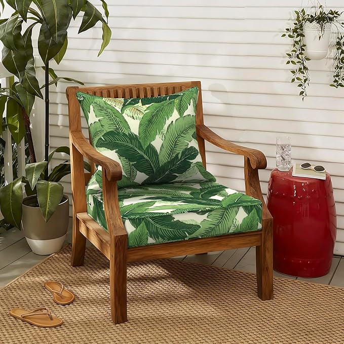LVTXIII Outdoor Seat and Back Cushion Patio Deep Seat Cushion Set Seasonal Chair Cushion for Wicker Chairs and Garden Furniture Decoration, 22"x22"x4", Swaying Palms Green