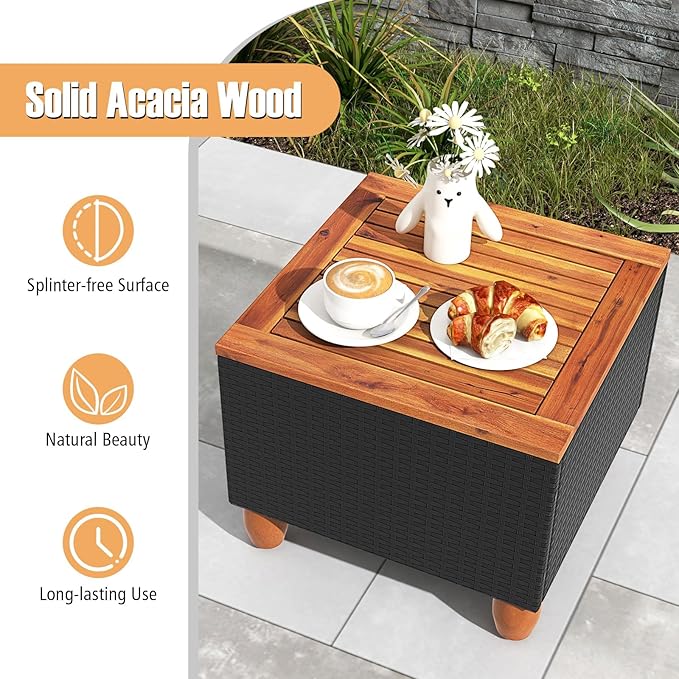 Tangkula 3 Pieces Patio Porch Furniture Set, PE Rattan Wicker Chair Conversation Set with Cushions and Storage Table, Outdoor Acacia Wood Bistro Set for Garden, Poolside (Red)