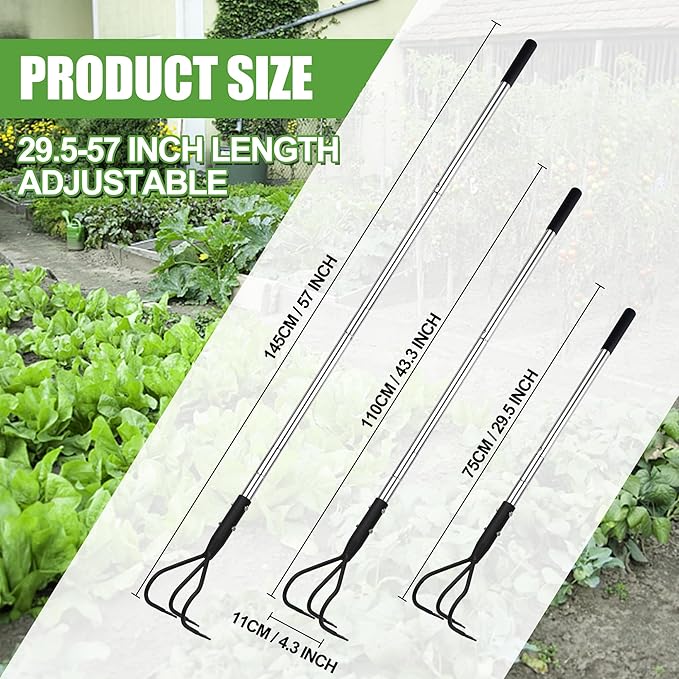 YEELOR 3-Tine Long Handle Tiller, Garden Cultivator with 55"-15.5" Adjustable Handle, for Loosening Soil, Tilling, Weeding and Fertilizing, Suitable for Elderly and Women