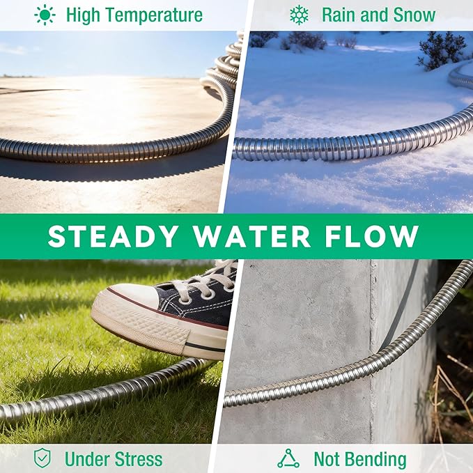 HERZO 50FT Metal Garden Hose, Ultra Flexible Stainless Steel Water Hose, Non-Kinking, Leak-Resistant Design with Solid Brass Connectors