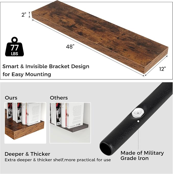 48 Inch Floating Shelves for Wall, 12"D Wood Storage Shelves, Brown Finish