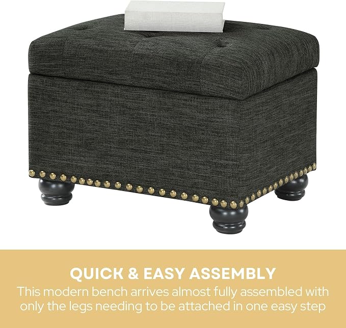 Convenience Concepts Designs4Comfort 5th Avenue Upholstered Storage Ottoman 24" - Contemporary Foot Stool and Seat with Hinged Lid for Living Room, Dining Room, Office, Den, Dark Charcoal Gray Fabric
