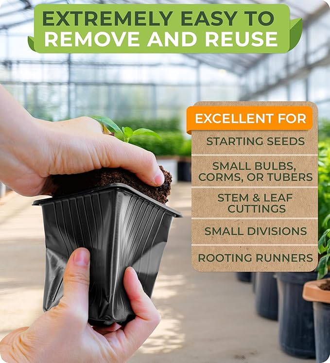 CARPATHEN 60Pack Square Nursery Pots - 1020 Tray Optimized - 3.5 Inch Seedling Plant Pot with Drainage Holes - Reusable Sturdy Seed Starter Pots for Flowers, Vegetables, Greens