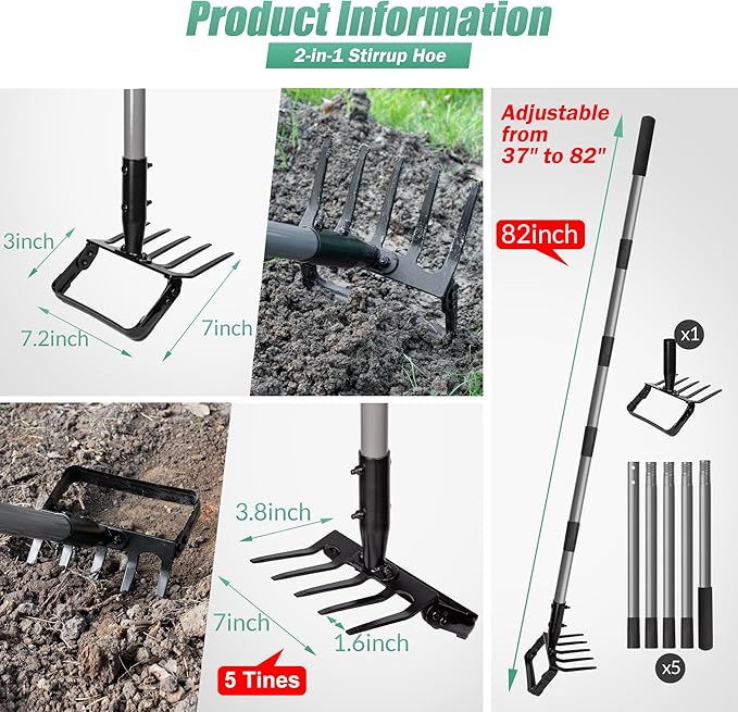 Suchtale 82 Inch Action Rake Hoe, 5-Tines Cultivator, Adjustable 37-82" Handle, Garden Weeding & Planting