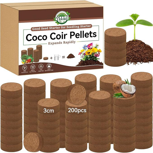 Halatool 200 Pcs Coco Coir Seed Starter Pellets, Seed Starting Soil Pellets for Potting Mix, Cat Grass Soil, Compressed Coconut Dirt Pods for Indoor Outdoor Plants Vegetables Fruits Flowers