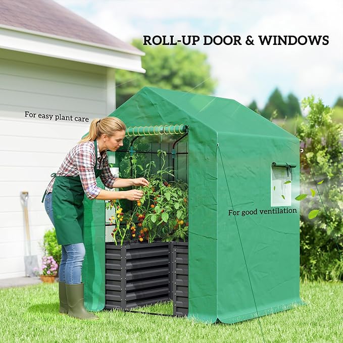Outsunny Greenhouse with Raised Garden Bed, 56" x 56" x 75" Galvanized Steel Planter Box with PE Cover, Roll Up Door and Windows, Outdoor Greenhouse for Flowers Vegetables, Dark Gray