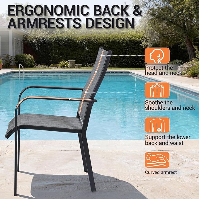 Patio Chairs Set of 8, Outdoor Dining Chairs High Back, All-Weather Padded Textilene Chair for Lawn Porch Garden,Grey(8 PCS)