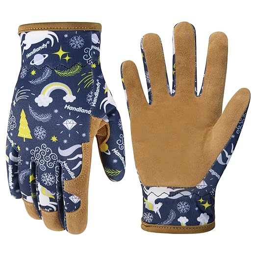 HANDLANDY Kids Genuine Leather Gardening Gloves for age 2-9, Children Work Gloves for Boys, Girls, Toddlers (Blue, L)