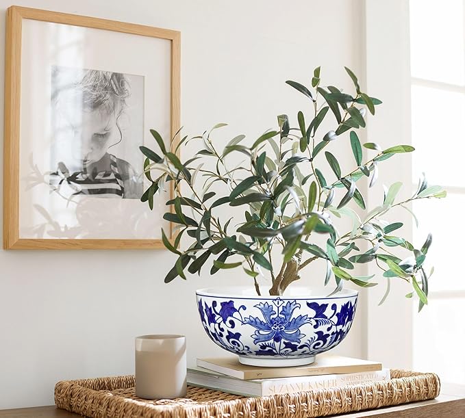 Hollyone Set of 2 Blue and White Vase Porcelain Planters 7 + 9 inch Garden Bowl Modern Ceramic Pots Classic Chinese Floral Vase for Indoor Outdoor Succulents Bonsai Fairy Gardens Herbs
